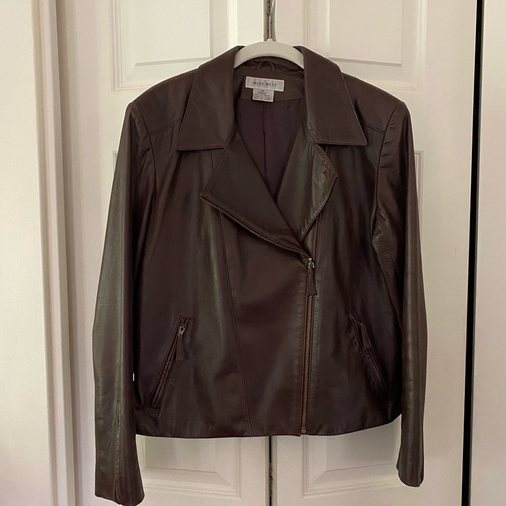 Brown Leather Moto Jacket Nine West Size 12